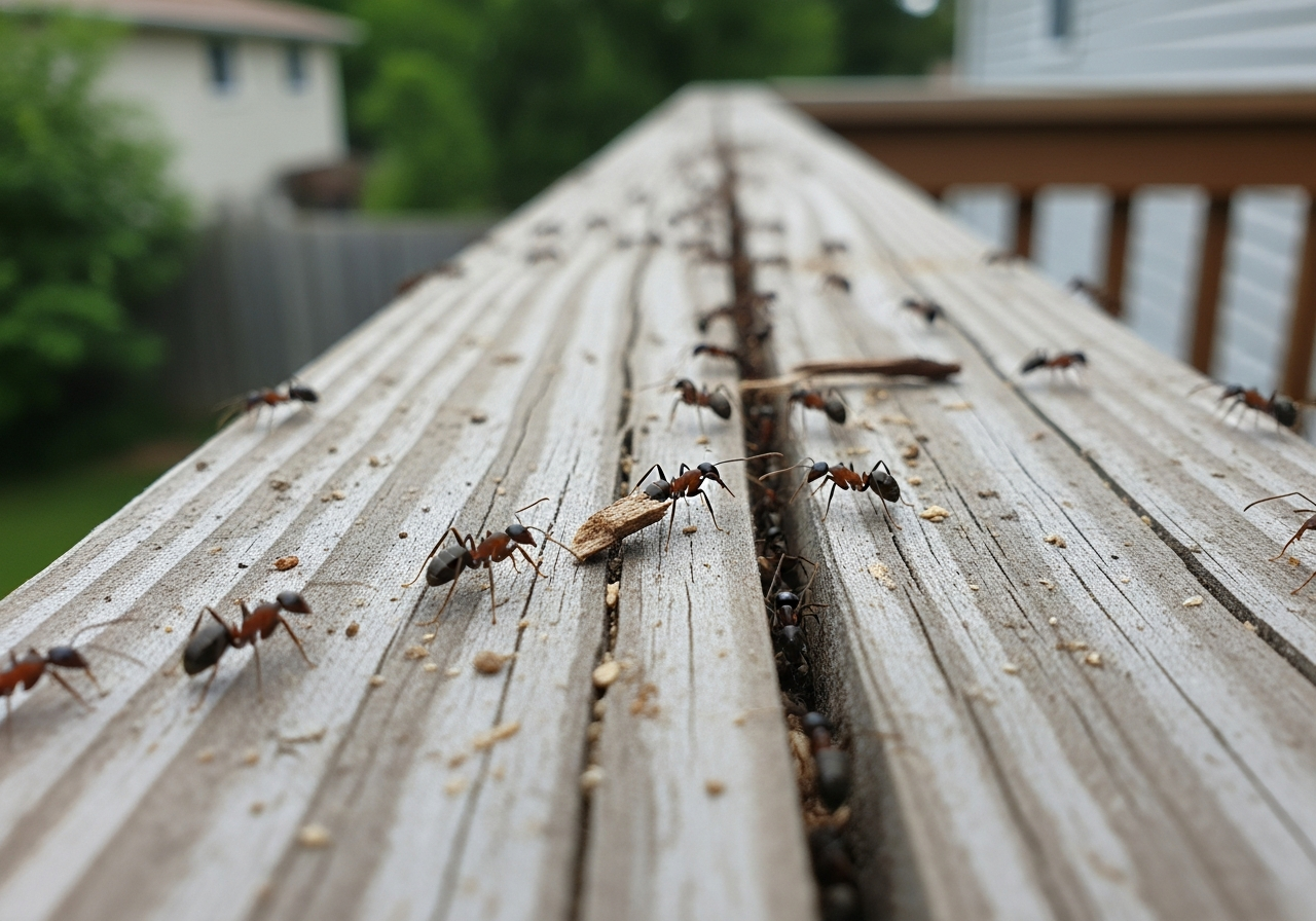 Carpenter ant activity on a wood deck railing showing early signs of infestation in a Markham Ontario home