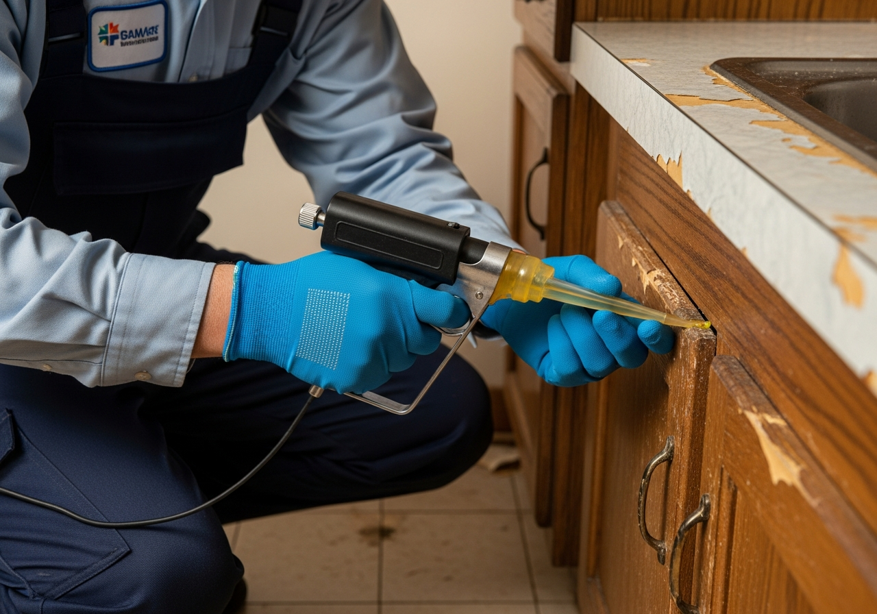 Pest control technician applying cockroach gel bait treatment under a kitchen counter in an Oshawa apartment