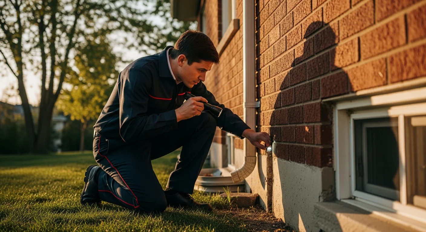 Apex Pest Control technician inspecting a foundation gap at a Maple Ontario home