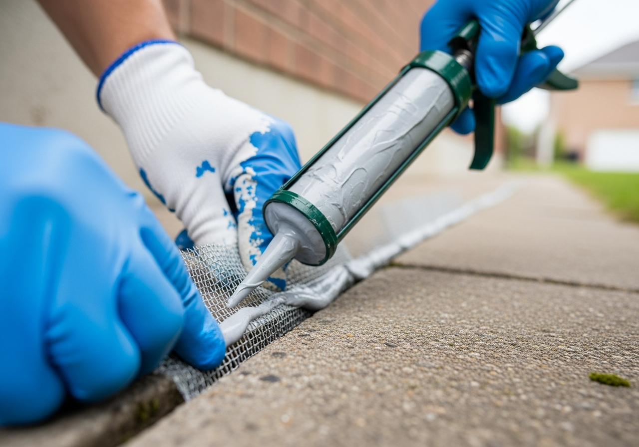 Pest control technician sealing a gap at the foundation of an Ontario home with steel mesh to prevent mouse entry