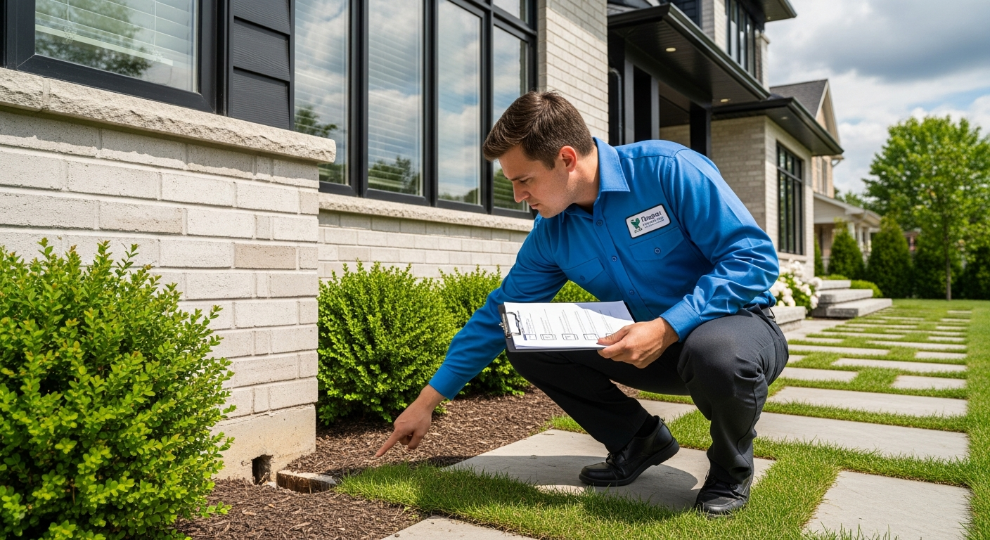 Pest control technician performing exterior perimeter inspection of a Markham Ontario home