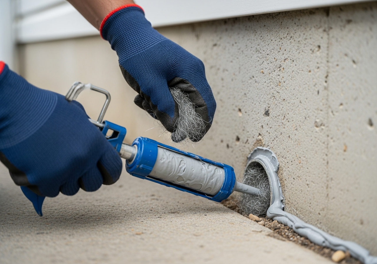 Pest control technician sealing a mouse entry point near a pipe penetration at an Ontario home foundation