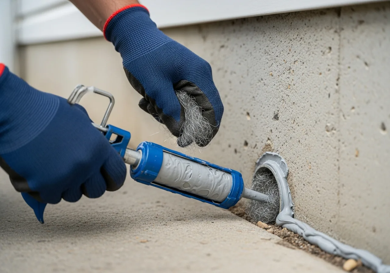 Pest control technician sealing a mouse entry point near a pipe penetration at an Ontario home foundation