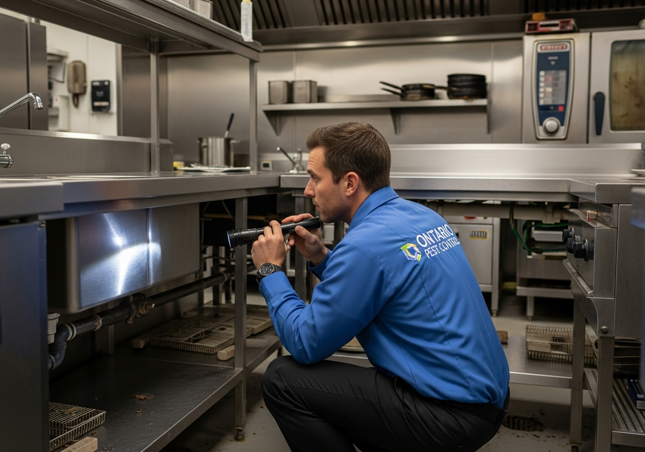 Commercial pest control technician inspecting a restaurant kitchen in Ontario for cockroaches and rodent activity