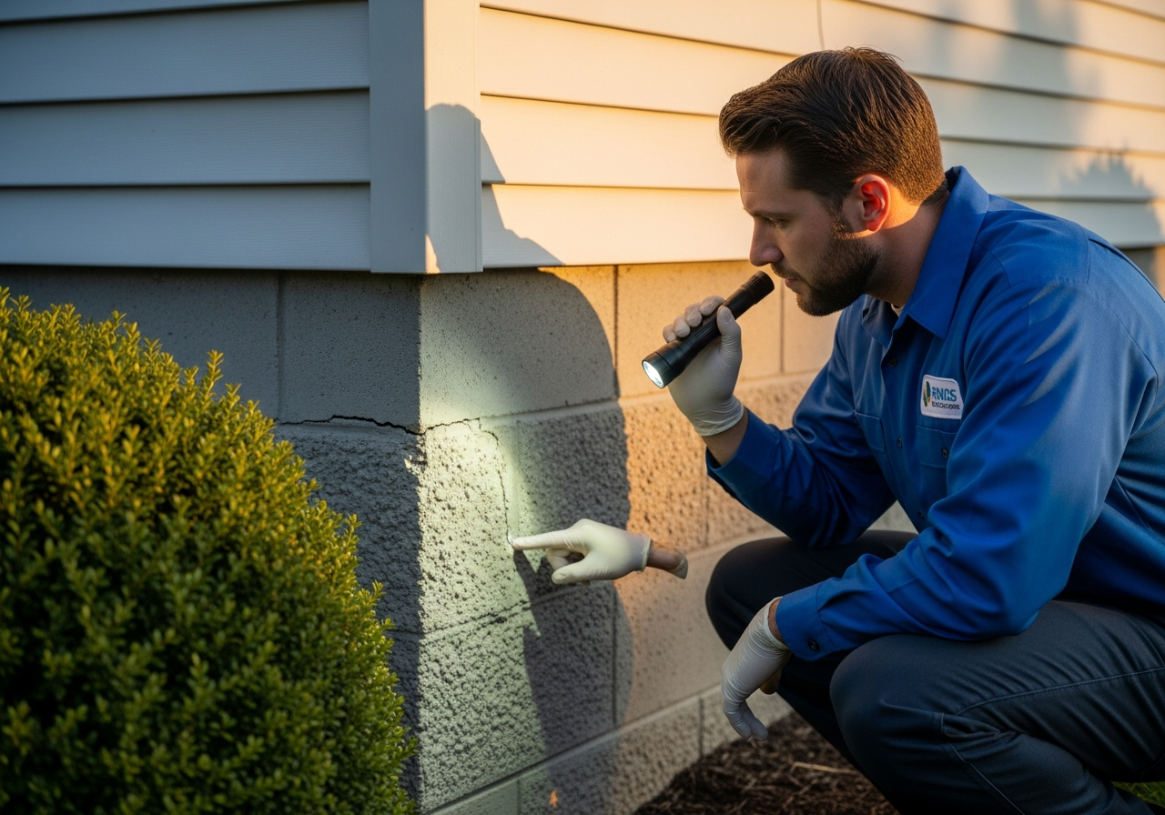 Licensed pest control technician performing a detailed exterior foundation inspection on a Vaughan Ontario home