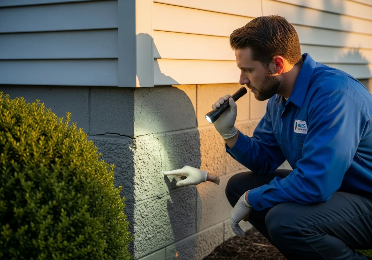 Licensed pest control technician performing a detailed exterior foundation inspection on a Vaughan Ontario home