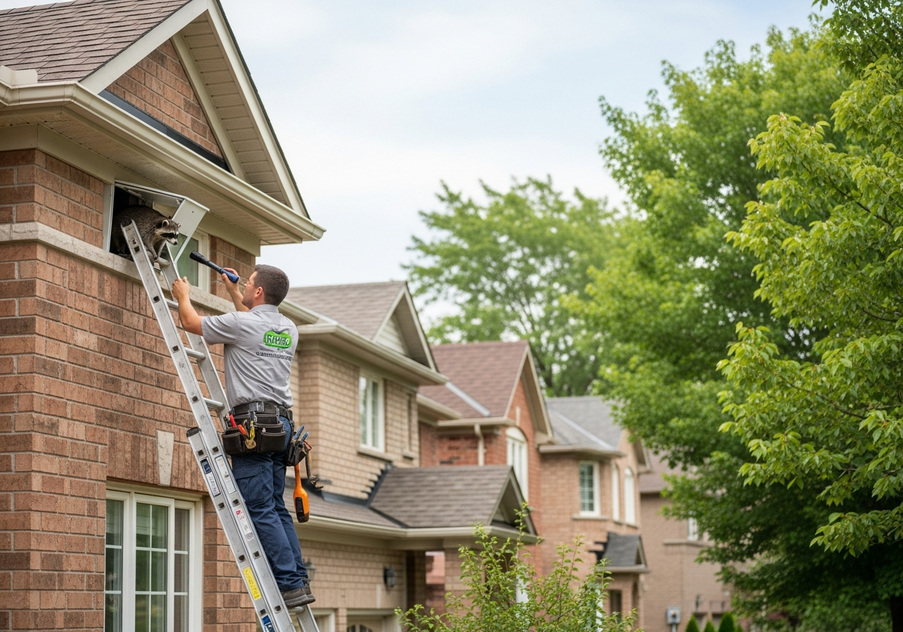 Pest control technician installing a one-way raccoon exclusion door on a soffit vent in Pickering Ontario