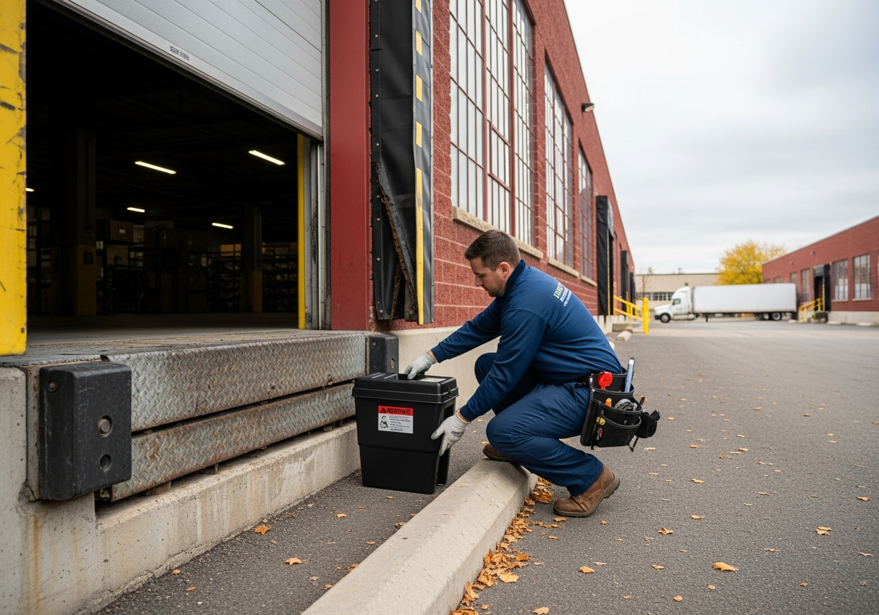 Pest control technician installing a tamper-resistant rodent bait station at a commercial property in Ajax Ontario