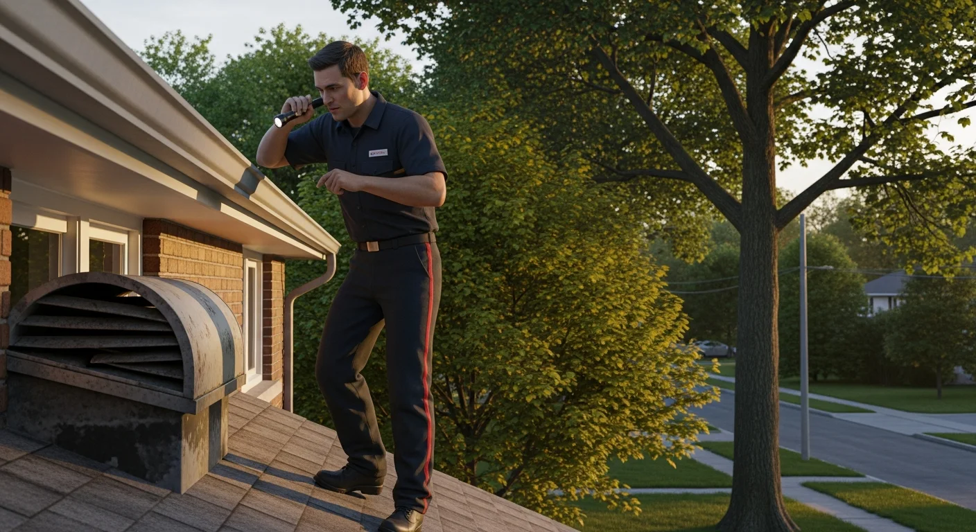 Apex Pest Control technician inspecting the roofline and soffit of a Thornhill Ontario home