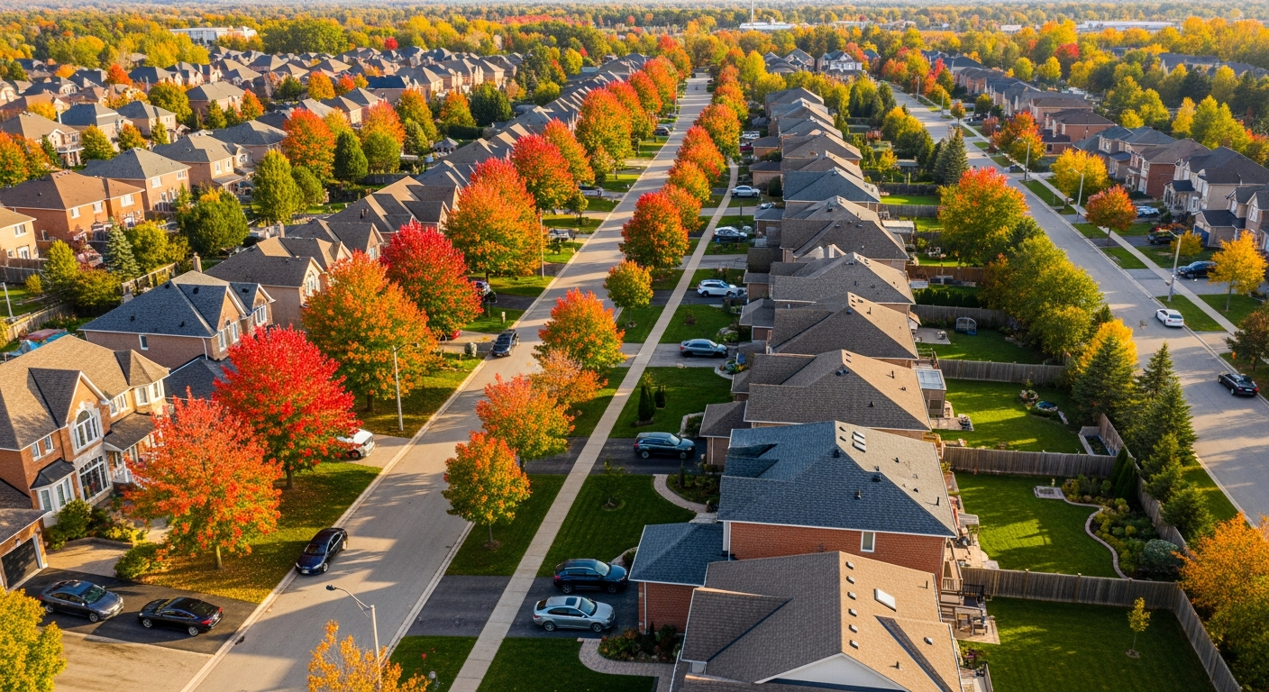 Established residential neighbourhood in Vaughan Ontario with mature maple trees along suburban street