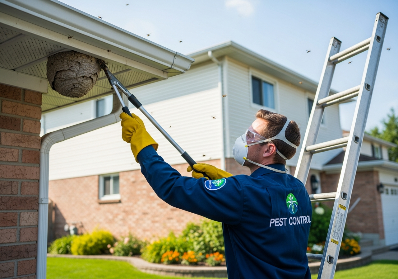 Pest control technician safely removing a wasp nest from a soffit eave on a Markham Ontario home