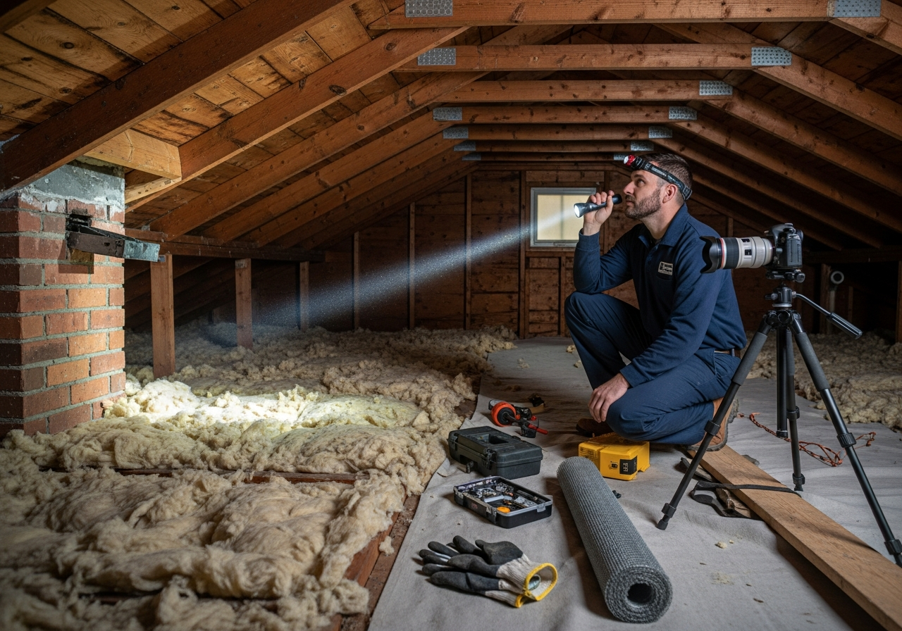 Pest control technician inspecting a Whitby attic for wildlife entry points and insulation damage
