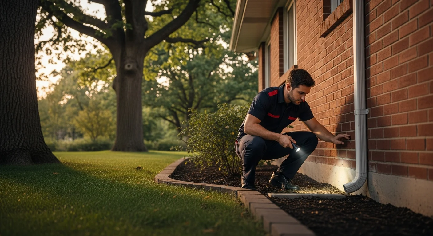 Apex Pest Control technician inspecting foundation of a Woodbridge Ontario home
